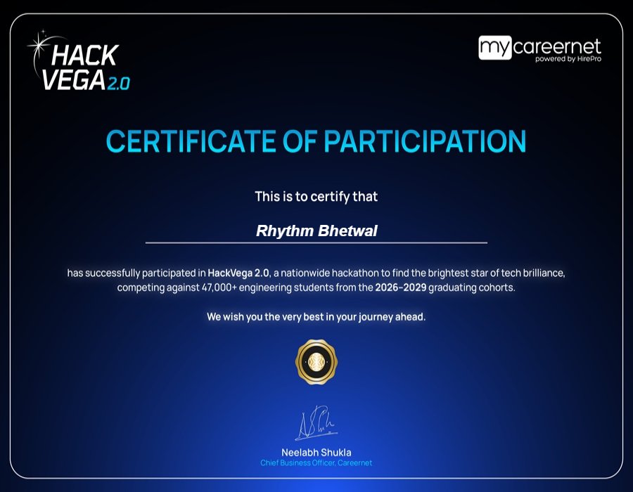 HackVega 2.0 certificate of participation