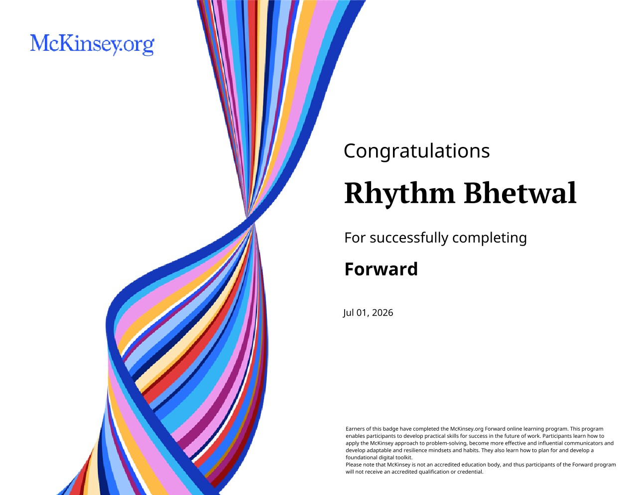 McKinsey Forward Fellow certificate