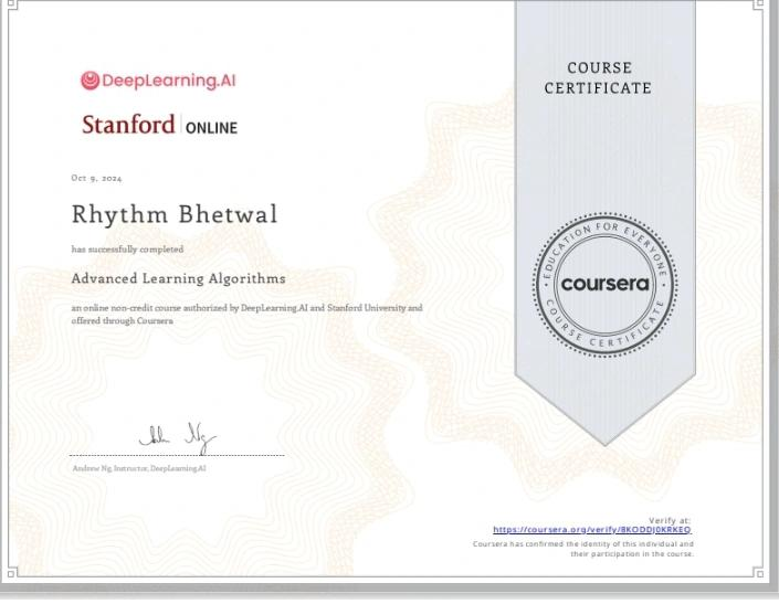 Advanced Learning Algorithms certificate
