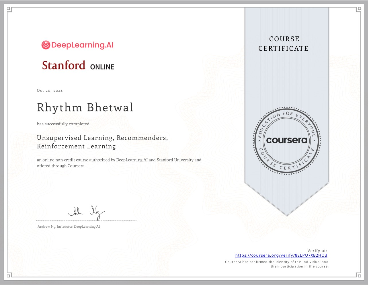Unsupervised Learning, Recommenders, Reinforcement Learning certificate